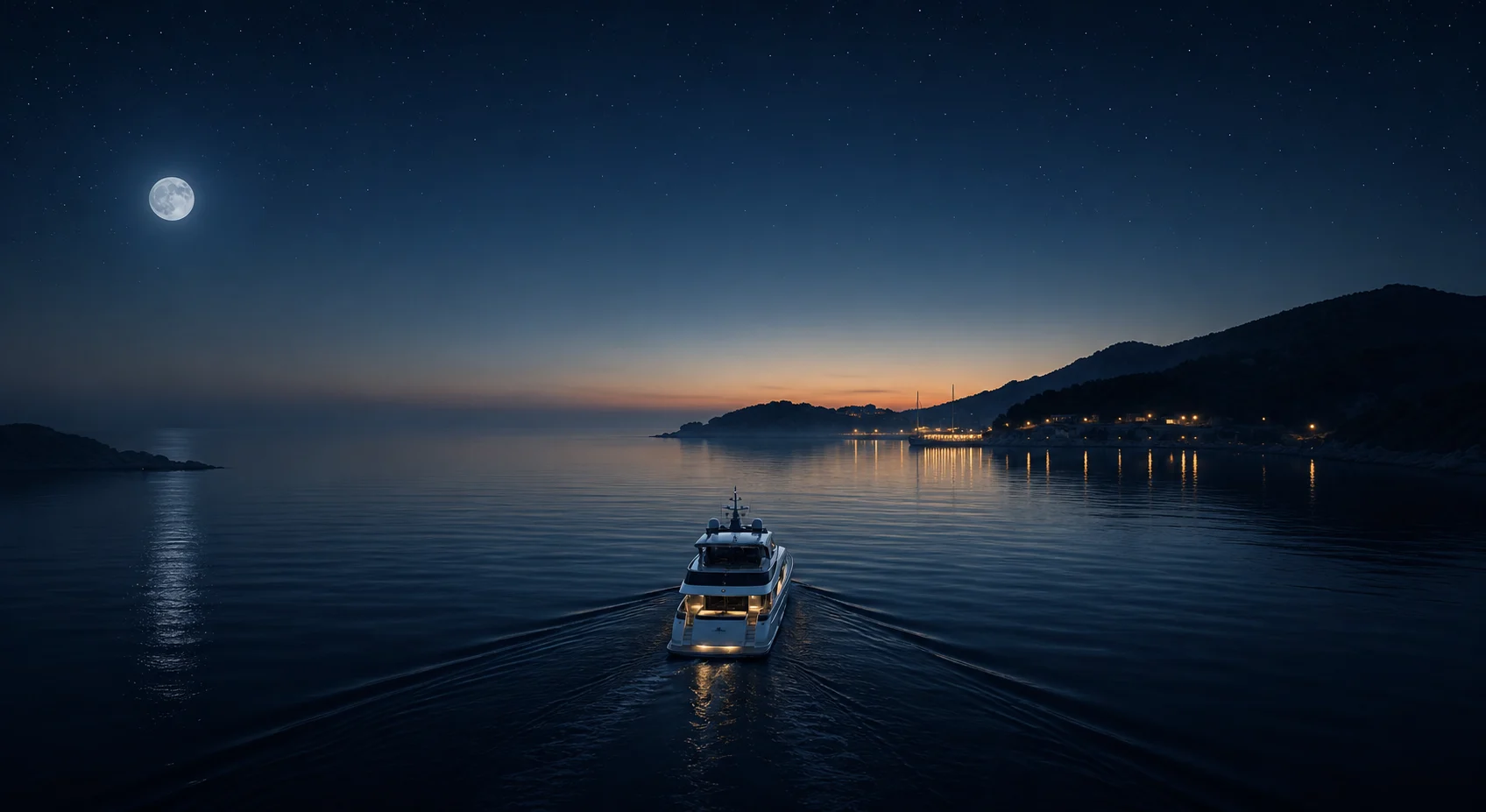 A yacht entering a quiet harbour before sunrise